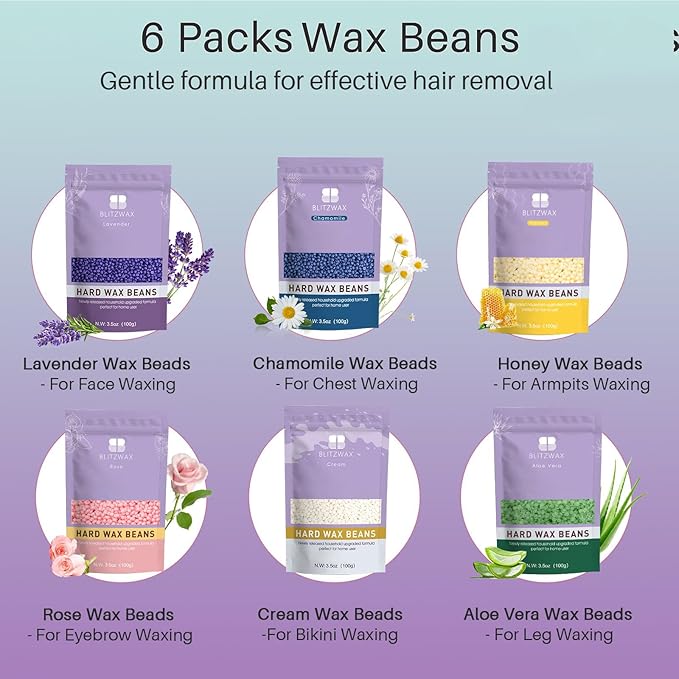 BLITZWAX Brazilian and Bikini Waxing Kit for Women, Hard Wax Warmer for Face, Legs, and Body, At Home Hair Removal Kit, Beginner Friendly, Quick Heating, 32pcs Wax Spatulas-BrightBean Baby