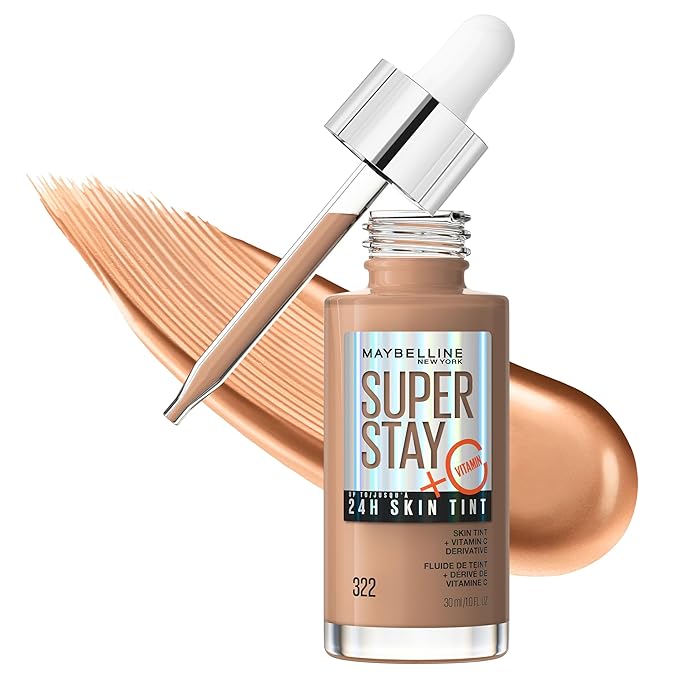 Maybelline Super Stay Up to 24HR Skin Tint, Radiant Light-to-Medium Coverage Foundation, Makeup Infused With Vitamin C, 322, 1 Count-BrightBean Baby