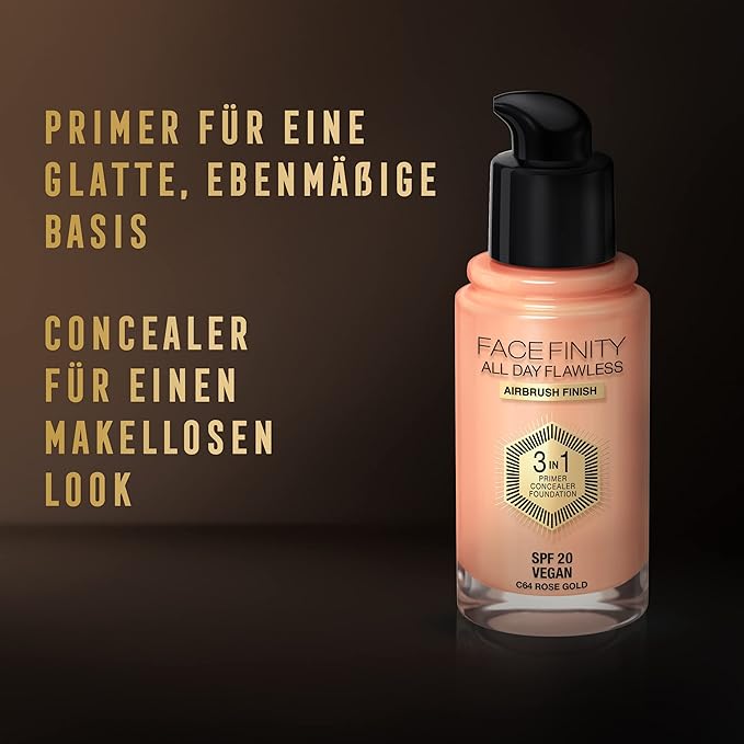 Max Factor Facefinity 3-in-1 All Day Flawless Liquid Foundation, SPF 20-64 Rose Gold, 30 ml-BrightBean Baby
