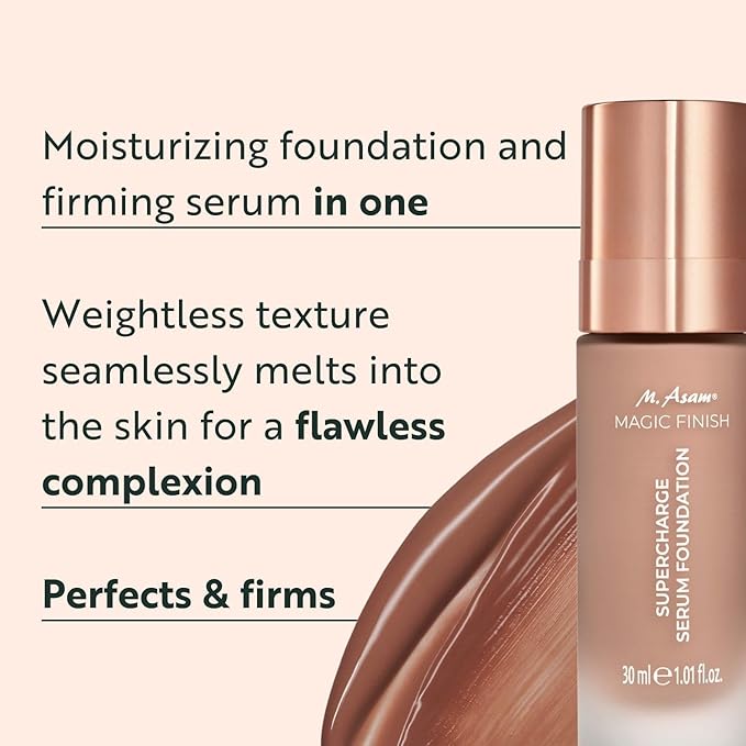 M. Asam MAGIC FINISH Supercharge Serum Foundation Deep Almond (1.01 Fl Oz) - Moisturizing Make Up & Firming Face Serum In One, Anti-aging CC Cream With Optimal Coverage & Hyaluronic Acid-BrightBean Baby