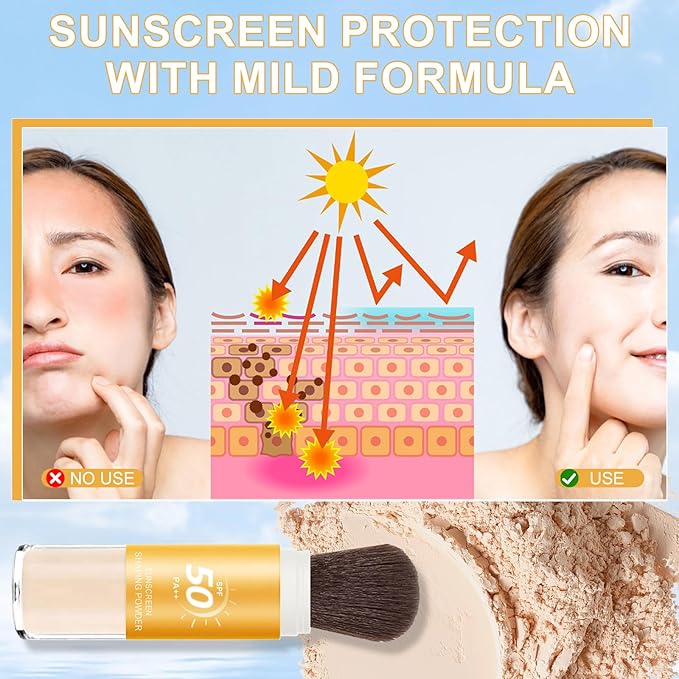 Mineral Sunscreen Setting Powder, SPF 50++ Mineral Setting Powder Sunscreen for Face with Soft Brush Powder Sunscreen for Scalp Matte Face Powder (1PC, 1.02 * 1.02 * 4.29)-BrightBean Baby