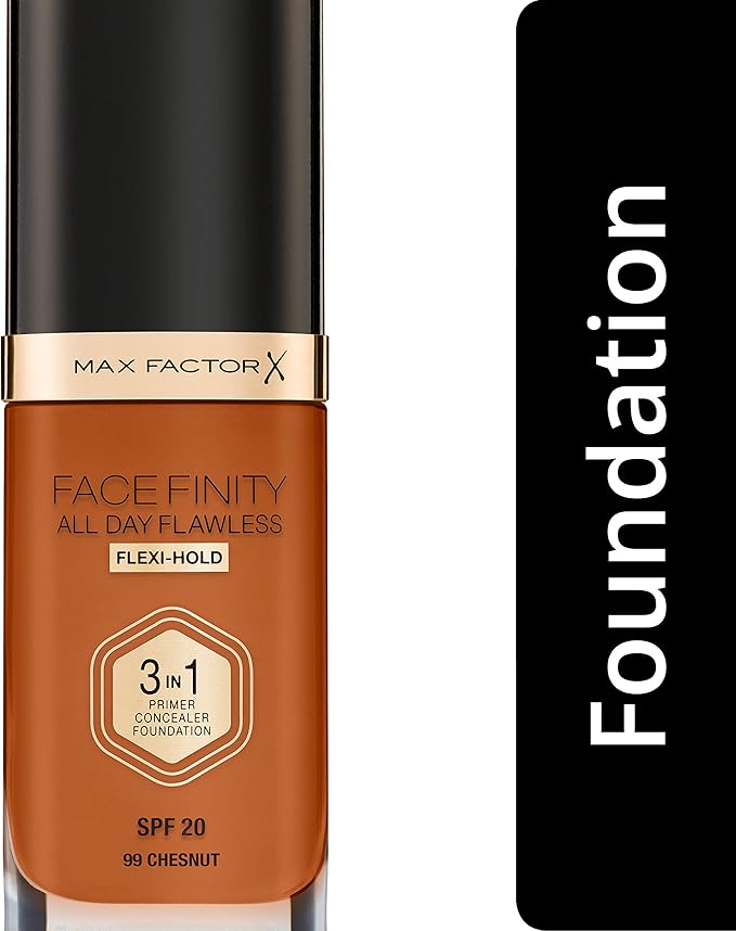 Max Factor Facefinity 3-in-1 All Day Flawless Liquid Foundation, SPF 20-99 Chestnut, 30 ml-BrightBean Baby