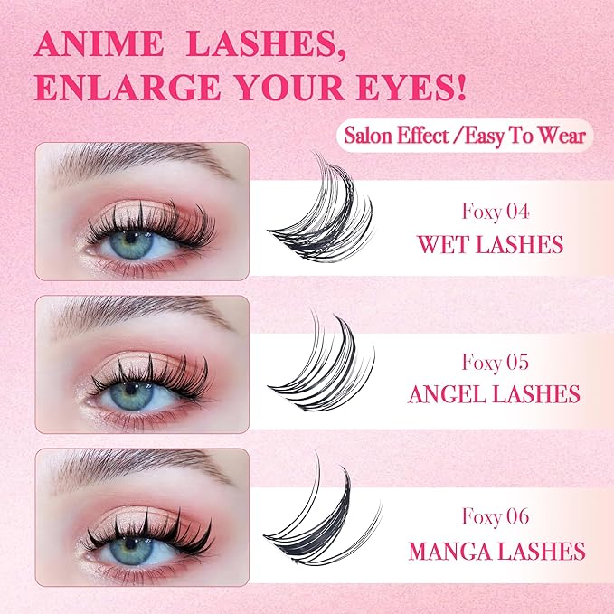 Lash Clusters Kit - Wispy Natural & Manga Spiky Lash Cluster Invisible band 8-16mm Eyelash Clusters Kit D Curl Lash Extension Kit WideSpan with Bond and Seal DIY at Home-BrightBean Baby