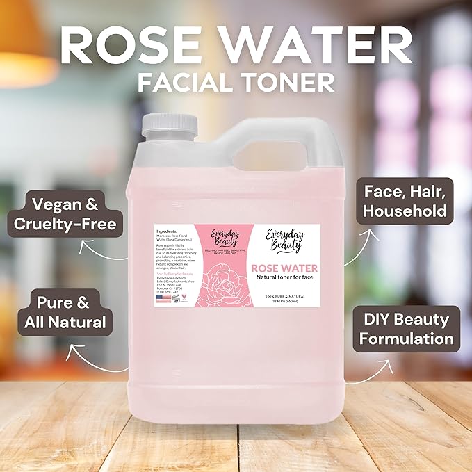 Rose Water Facial Toner - 32oz Bulk Alcohol-Free Vegan All Natural Refreshing for Face and Hair - Uplifts, Calming & Soothing for All Skin Types-BrightBean Baby