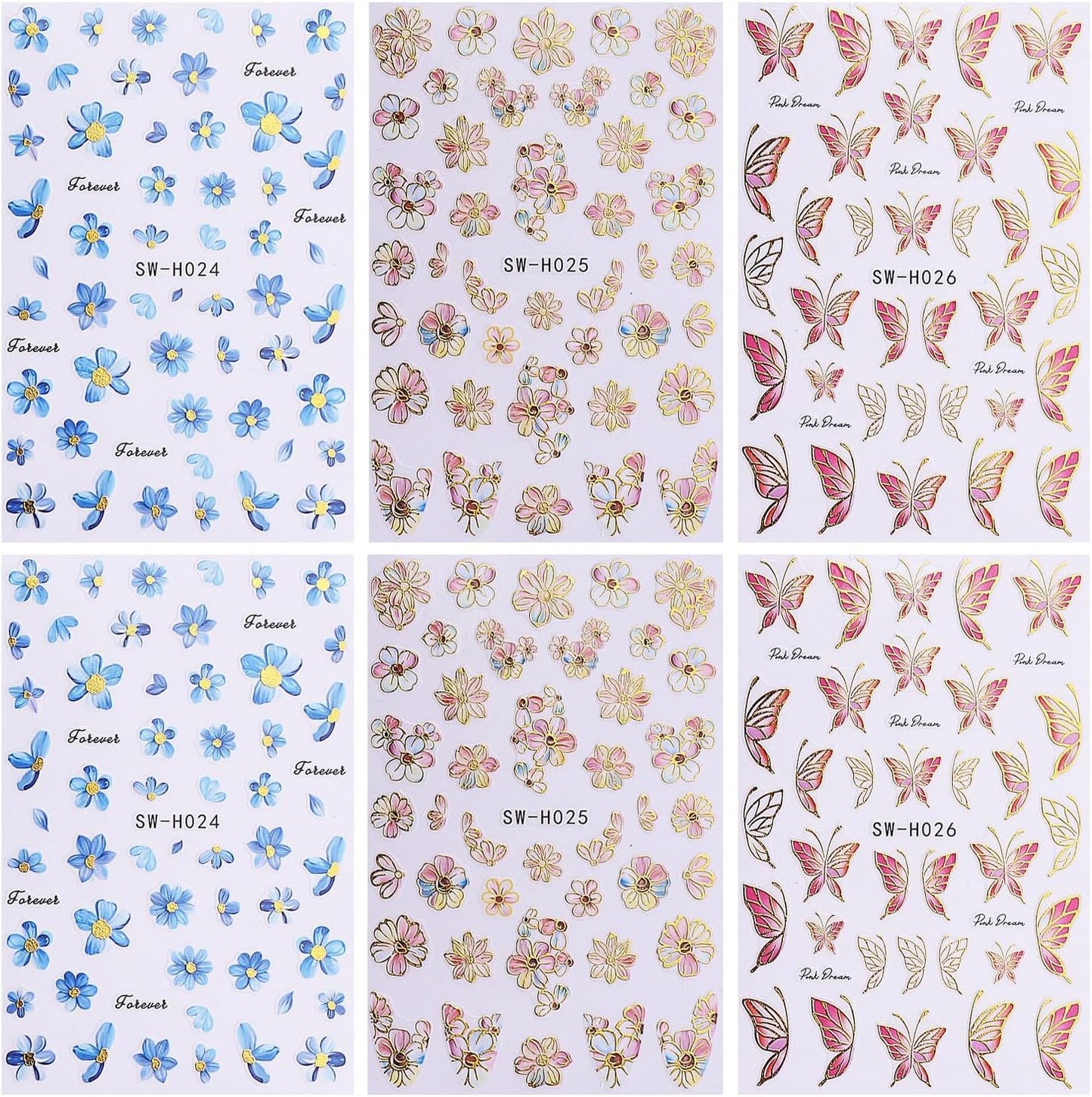 6Sheets Flower Nail Art Stickers 3D Self-Adhesive Nail Sticker Butterfly Nails Art Decals Holographic Floral Butterfly Nails Decal Decoration for Women Blue Blossom Manicure DIY Nail Supplies-BrightBean Baby