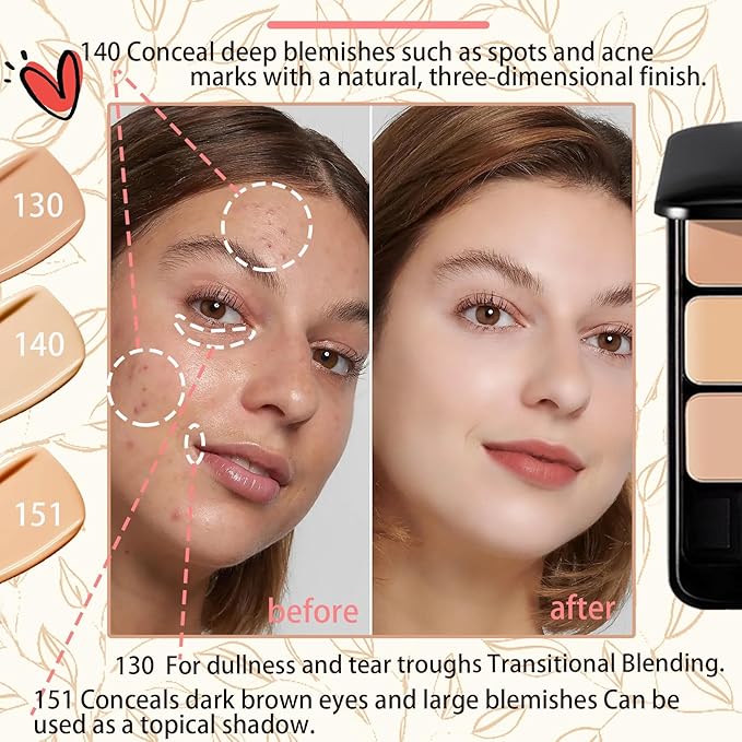 3 Colors Corrector Palette,Moisturizing Long Lasting Waterproof Cream Contour Makeup Palette,Color Correcting Concealer,Natural Flawless Full Coverage Liquid Foundation Set with Makeup Brushes-BrightBean Baby