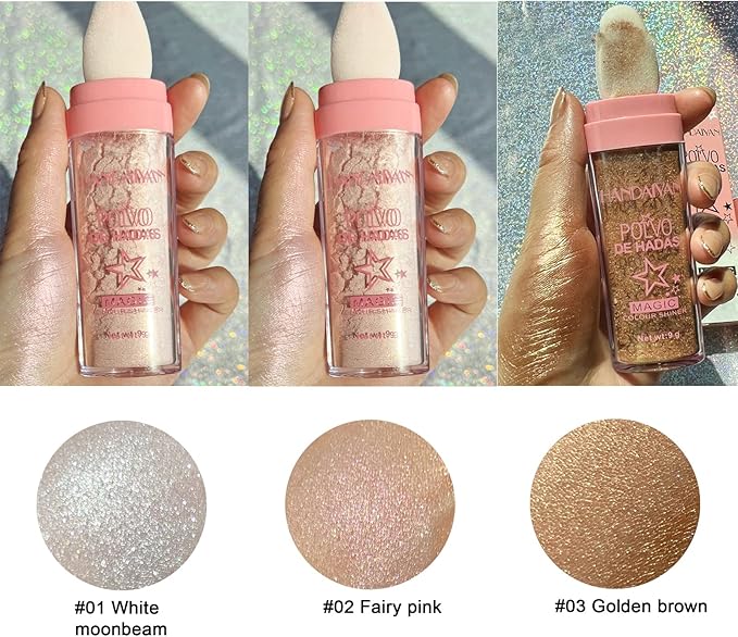 Polvo De Hadas - Body Glitter Highlighter Powder Fairy Stick for Makeup Shimmer and Shine High Gloss Blush Contour Powder Makeup - 3 Colors Sparkle Patting Powder For Hair Face Eyes Body-BrightBean Baby