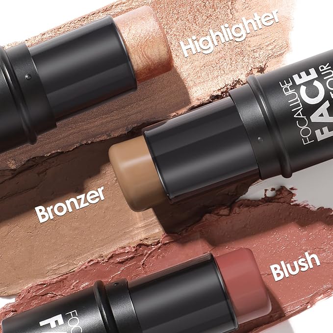 FOCALLURE 3 Pcs Cream Contour Sticks,Shades with Highlighter & Bronzer & Blush,Non-greasy Long-wear Face Contouring Pen,Easy to Sculpt the Face and Create a Lightweight Finishing Makeup,MEDIUM-BrightBean Baby