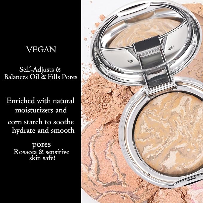 Marbleized Baked Foundation Makeup, Balance and Brighten Color Correcting Powder Foundation - Buildable Light to Medium Coverage - Demi-Matte Natural Finish (#002 LIGHT, 0.32 Oz)-BrightBean Baby