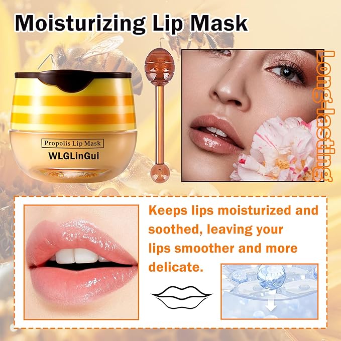 2PCS Bee Lip Balm Honey Pot,Hydrating Lip Moisturizer Cute Honey Pot Lip Balm Lip Scrubs Exfoliator with Wand,Moisturizing Exfoliating Overnight Propolis Lip Sleeping Mask for Men & Women-BrightBean Baby
