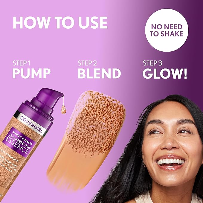 Covergirl Simply Ageless Skin Perfector Essence Foundation, 20 Light, Tinted Skin Perfector, Skincare Makeup Hybrid, Sheer Tint, Radiant Finish, Skin-Like Finish, Vegan Formula, 1.0oz-BrightBean Baby