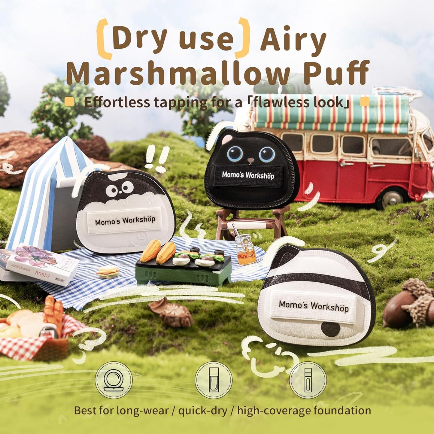 Black Cat Toto Airy Marshmallow Puff,Makeup Sponge,Rubycell Material,Pointed Tip for Concealer + Flat Side for Foundation, Longwear Makeup, Travel Friendly & Reusable,2pcs Puffs & Storage Case-BrightBean Baby