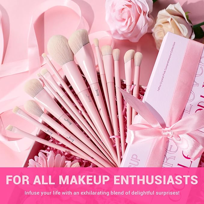 Jessup Pink Makeup Brushes Set 14Pcs Make up Brushes Premium Vegan Foundation Concealer Blush Eyeshadow Eyeliner Powder Highlighter Blending Face Brush Set, T495-BrightBean Baby