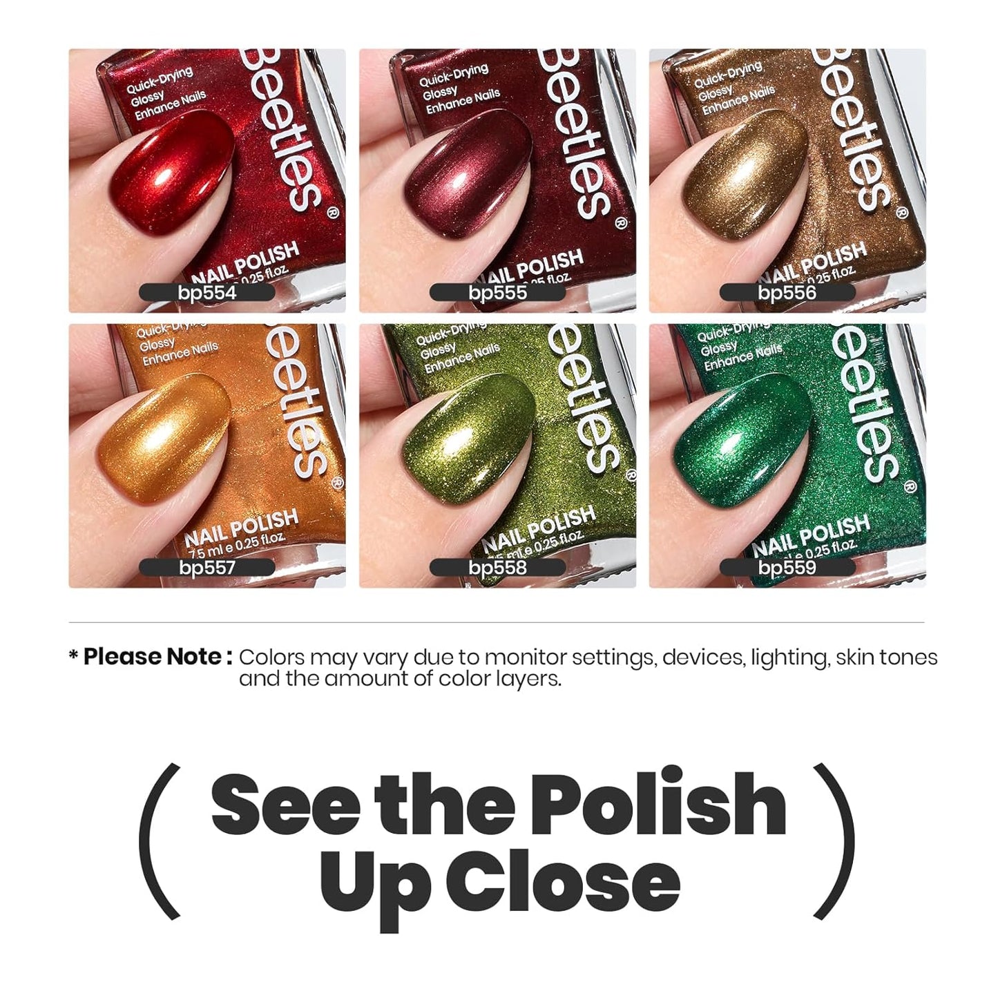 Beetles Fall Nail Polish Set - Glamour Era 6 Colors Quick Dry Glitter Burgundy Red Gold Green Yellow High-Gloss Long-Lasting Nail Polish for DIY At-Home Manicure Gift for Women-BrightBean Baby