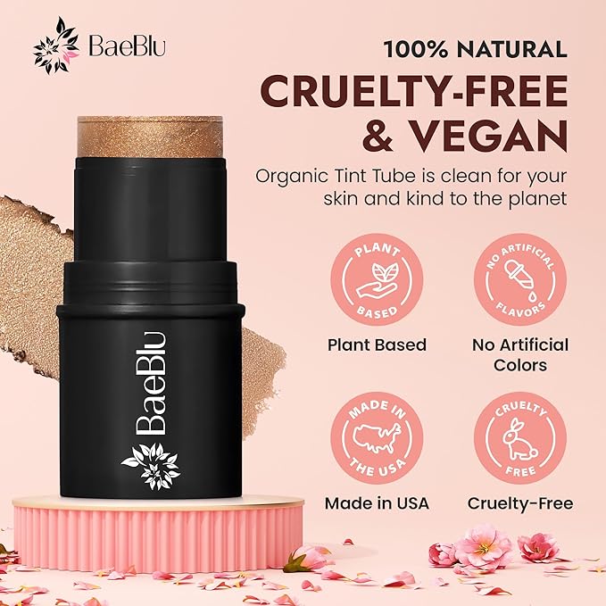 Organic Blush Tube, Brandy - 100% Natural Vegan Cream Blush Sticks, Multi-Use Bronzer, & Highlighter for Lips, Cheeks & Eyes, Buildable Shimmer, Gluten-Free, Paraben-Free, Made in USA-BrightBean Baby