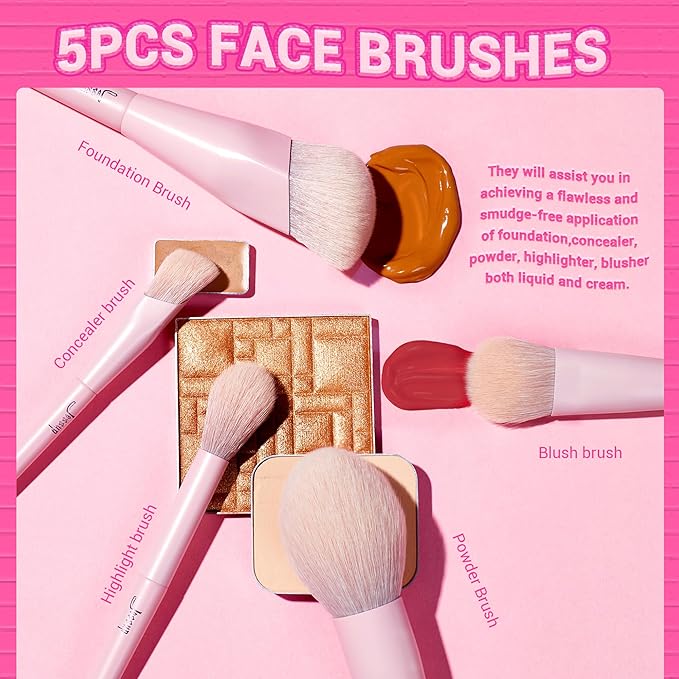 Jessup Pink Makeup Brushes Set 14Pcs Make up Brushes Premium Vegan Foundation Concealer Blush Eyeshadow Eyeliner Powder Highlighter Blending Face Brush Set, T495-BrightBean Baby