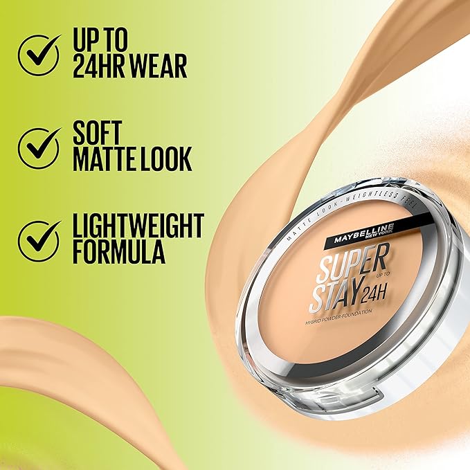 Maybelline Super Stay Up to 24HR Hybrid Powder-Foundation, Medium-to-Full Coverage Makeup, Matte Finish, 118, 1 Count-BrightBean Baby