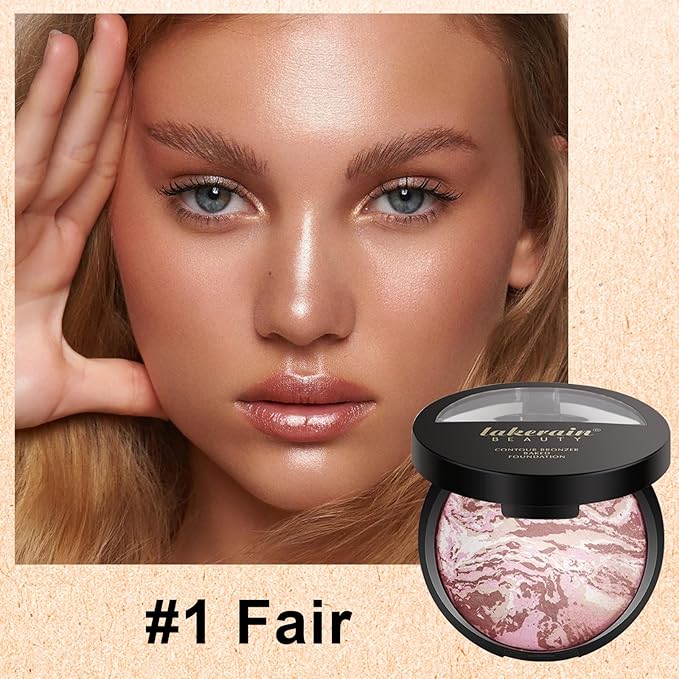 Baked Powder Contour Makeup, Brighten Bronzer Powder, Highlighter Bronzer Glow Palette, Cruelty Free Shimmer Bronzing Powder to Use For Contour Make up, Natural Finish & Easy to Use #001-BrightBean Baby