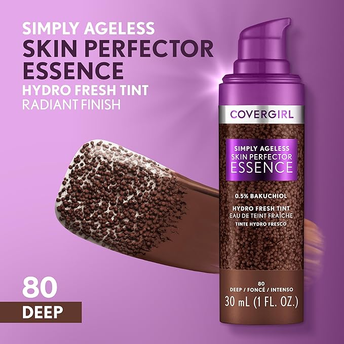 Covergirl Simply Ageless Skin Perfector Essence Foundation, 80 Deep, Tinted Skin Perfector, Skincare Makeup Hybrid, Sheer Tint, Radiant Finish, Skin-Like Finish, Vegan Formula, 1.0oz-BrightBean Baby