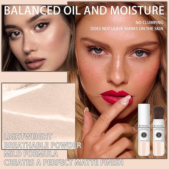 Mineral Sunscreen Setting Powder, SPF 35 Translucent Loose Powder, Mineral Brush Powder, Oil Control Natural Matte Finish, Lasting Lightweight Breathable for All Skin (#01 Translucent)-BrightBean Baby
