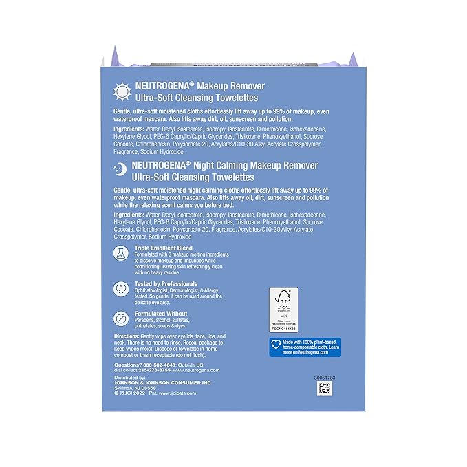 Neutrogena Day & Night Wipes, Makeup Remover Face Cleansing Towelettes & Night Calming Facial Cloths, 100% Plant Based Fibers Wipe Away Dirt, Alcohol-Free, 3 Packs of 25 ct, 75 ct-BrightBean Baby