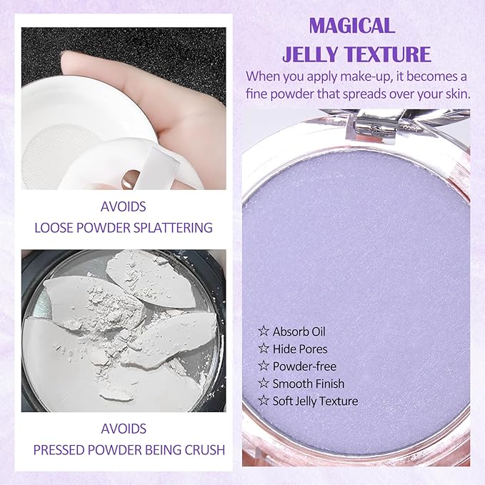 Oil Control Pressed Setting Powder, Lavender Matte Powder Soft Jelly Texture Powder-free Face Powder, Long-Lasting Waterproof Pressed Powder Makeup, Flawless Lightweight Face Cosmetics-BrightBean Baby