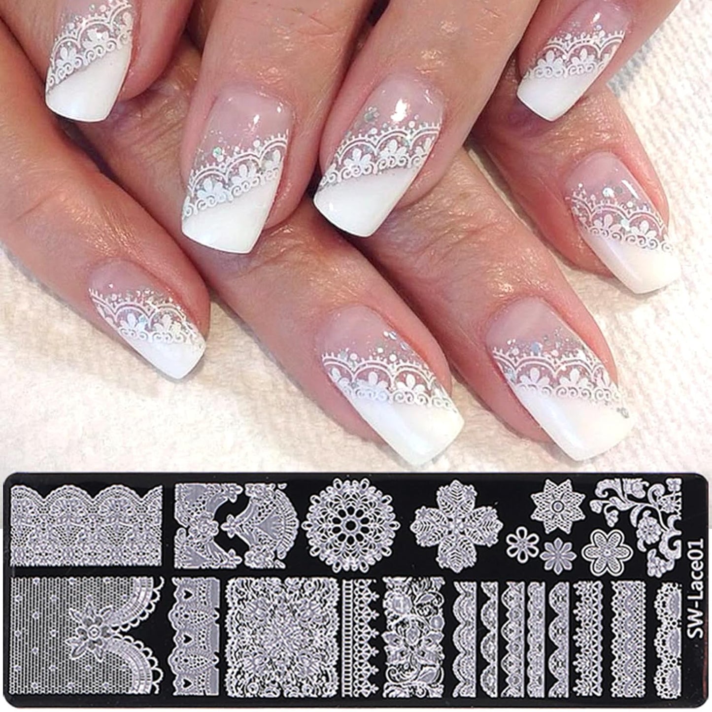 Lace Nail Stamping Plate Set - French Tip Stamp Silicone Nail Stamper Kit Bow Lace Design with Nail Stamp Plates Laser Storage Bag Nail Art Stencil Nail Supplies for Home DIY &Professional Salon-BrightBean Baby
