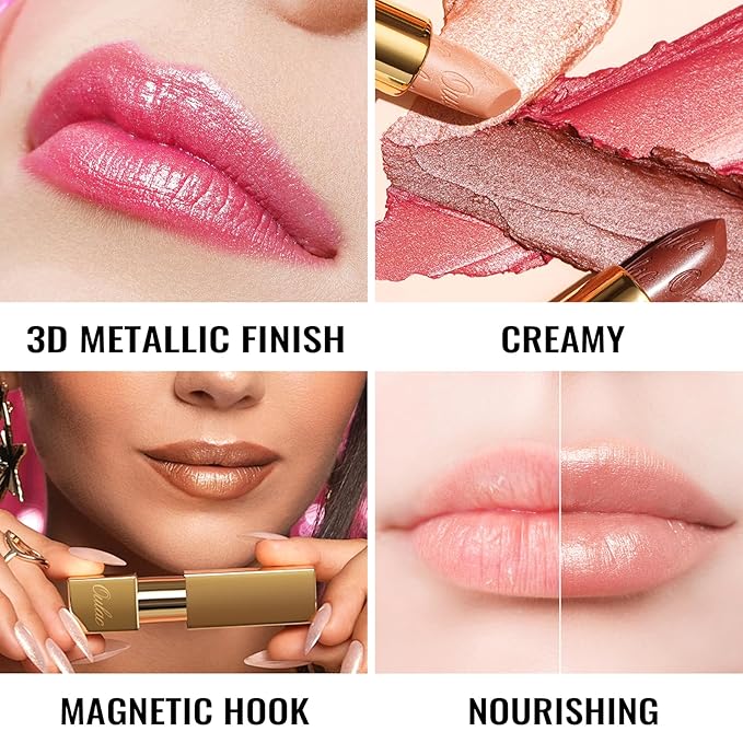 Oulac Pumpkin Color Lipstick with Metallic 3D Shine Hydrating Formula, High Impact Lip Color, Vegan Beauty, Full Coverage Lip Makeup, Christmas Gifts for Women, Persimmons(19)-BrightBean Baby