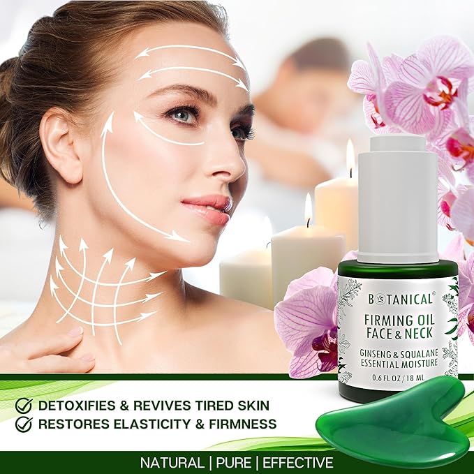 Botanical Face & Neck Firming Oil | Anti-Wrinkle Ginseng & Squalane Serum w/Gua Sha Lift Scraper | Organic, Pure, Natural Skincare (0.6 fl oz | 18 ml)-BrightBean Baby