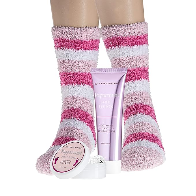 Live Green Bath and Body Pedicure Set- Relaxing Foot Care Set with Pink Fuzzy Socks, Peppermint Foot Lotion, and Foot Scrub, Holiday Present for Women-BrightBean Baby