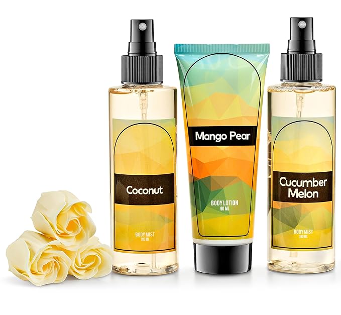 Fine Fragrance Body Mist & Body Splash Gift Set – Luxury Self-Care Combo for Women and Girls (Coconut, Cucumber, Mango Pear, Rose Soap)-BrightBean Baby