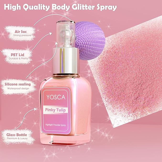 Yosca Highlighter Powder Spray, 20ML Cosmetic Grade Shimmer Powder Pink Glitter Spray Sparkle Highlighter Makeup Festival Concert Accessorise for Rave Clothes Hair Face Nail Art - Pinky Tulip-BrightBean Baby
