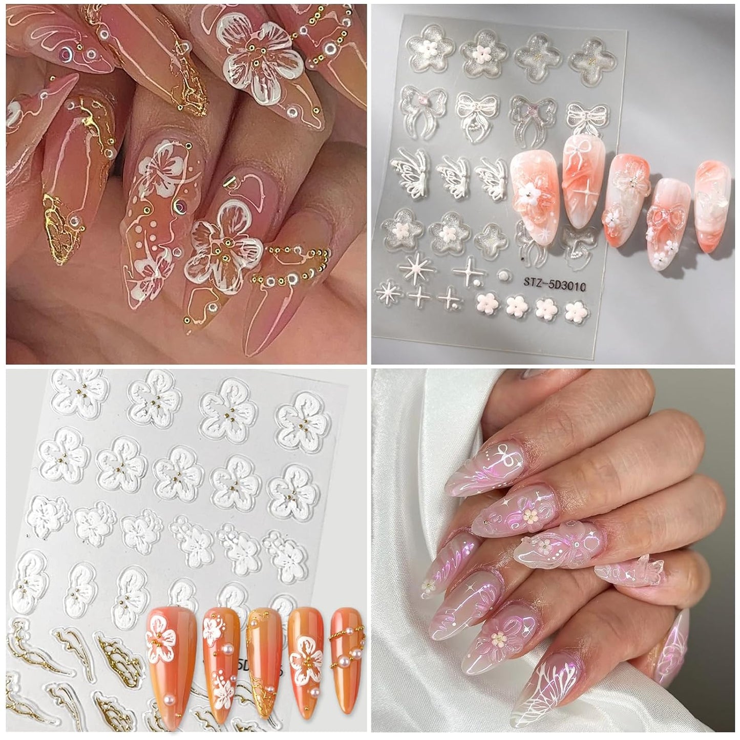 Flower Nail Art Stickers 5D Embossed Nail Decals Spring Summer Colorful Flower Nails Design Self-Adhesive 3D Accessories for Women Nails DIY Decoration(6 Sheets)-BrightBean Baby