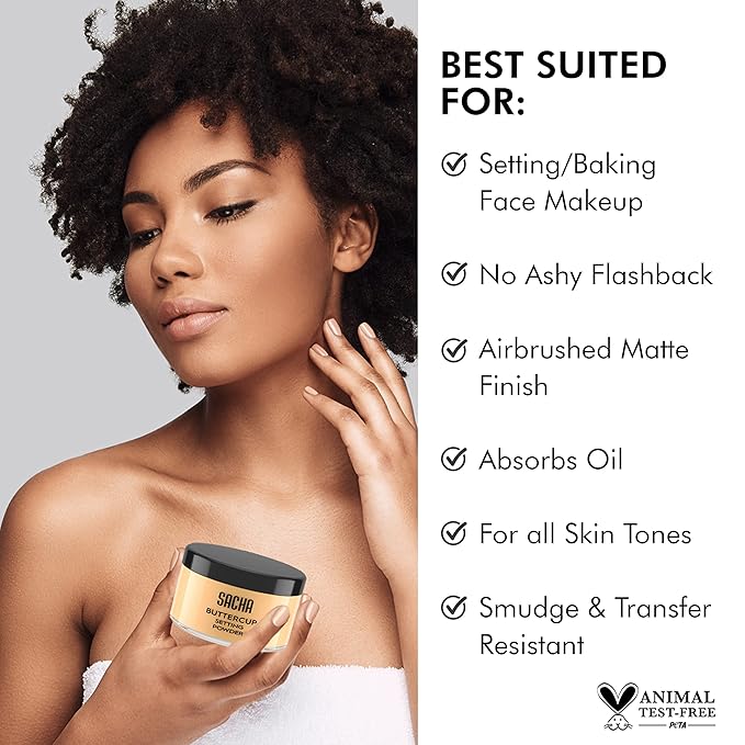 Sacha BUTTERCUP Setting Powder Makeup 1.75 Oz. Translucent Setting Powder for Oily Skin Finishing Powder Loose Powder Makeup Blurring Powder Blurs Fine Lines and Pores For Medium to Dark Skin Tones-BrightBean Baby