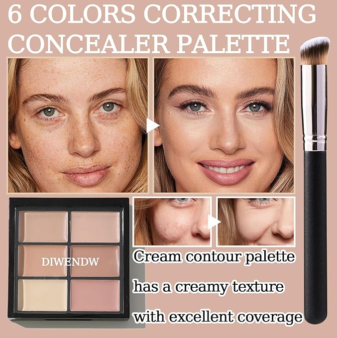 6 Colors Correcting Concealer Palette,Colors Corrector Palette,Moisturizing Full Coverage Liquid Foundation Cream Contour Makeup Palette with Brush-BrightBean Baby