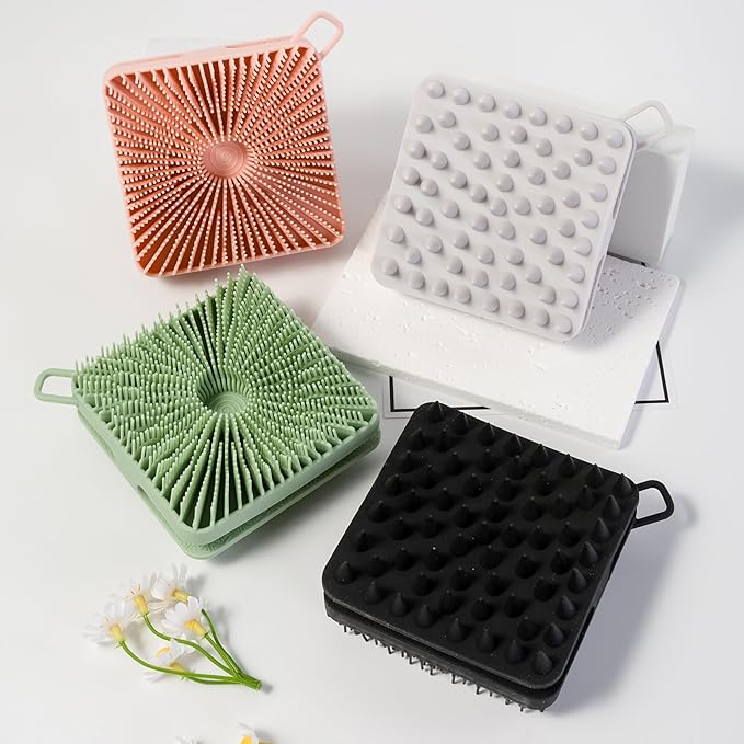 2 PC Silicone Exfoliating Body Scrubber, Silicone Body Shampoo Brush, Soft Silicone Loofah for Sensitive Skin, Shower Silicone Hair Scalp Massager, Easy to Clean, Lather Well(Black&Green)-BrightBean Baby