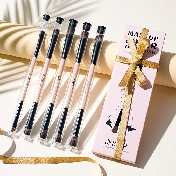 Jessup Makeup Brushes 5pcs Double Ended Eyeshadow Brush Contour Blending Eyeliner Eye Shader Brush, Vegan Fiber Precision Eye Brush Set Peach Dust T509-BrightBean Baby