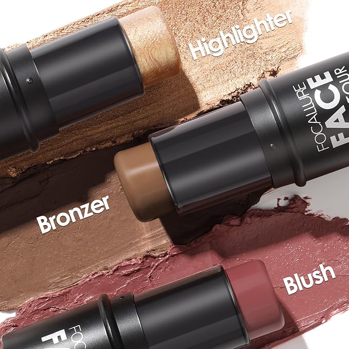FOCALLURE 3 Pcs Cream Contour Sticks,Shades with Highlighter & Bronzer & Blush,Non-greasy Long-wear Face Contouring Pen,Easy to Sculpt the Face and Create a Lightweight Finishing Makeup,MEDIUM-DEEP-BrightBean Baby