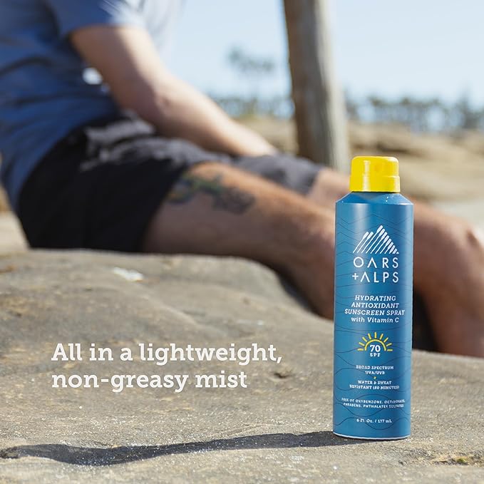 Oars + Alps Sunscreen Spray for Face & Body, SPF 70 Spray Sunscreen Infused with Vitamin C & Antioxidants, No White Residue, Water & Sweat Resistant, All Skin Types, Lightweight, Hydrating, 6oz, 1pk