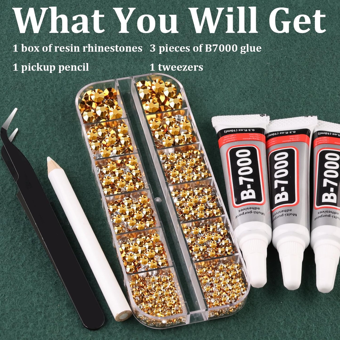 Resin Rhinestones for Crafting with B7000 Jewelry Glue, 1 Box Gold Flatback Crystals with 3Pcs 10ml Glue for Bedazzling Crafts DIY Nail Art Makeup,Non Hotfix Gems for Clothing Shoes-BrightBean Baby