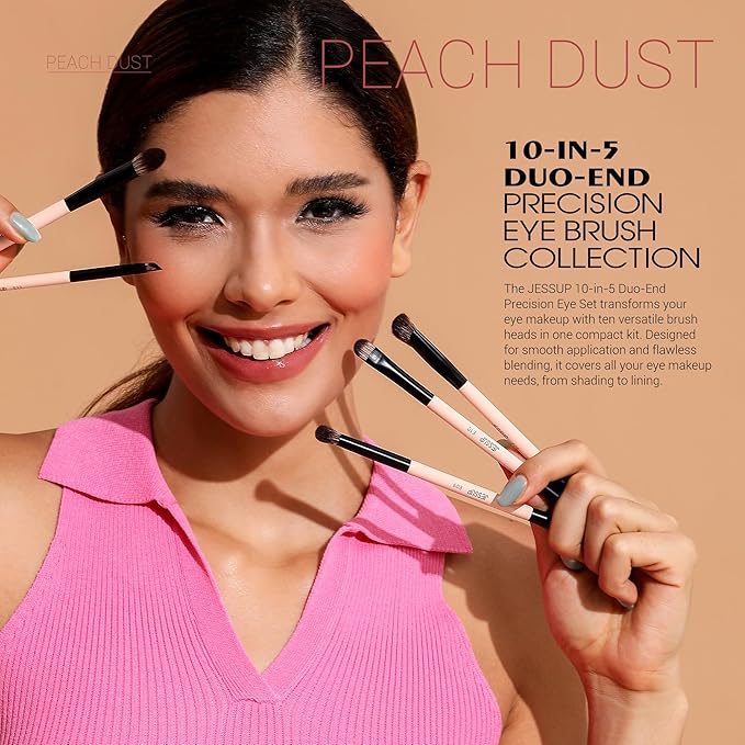 Jessup Makeup Brushes 5pcs Double Ended Eyeshadow Brush Contour Blending Eyeliner Eye Shader Brush, Vegan Fiber Precision Eye Brush Set Peach Dust T509-BrightBean Baby
