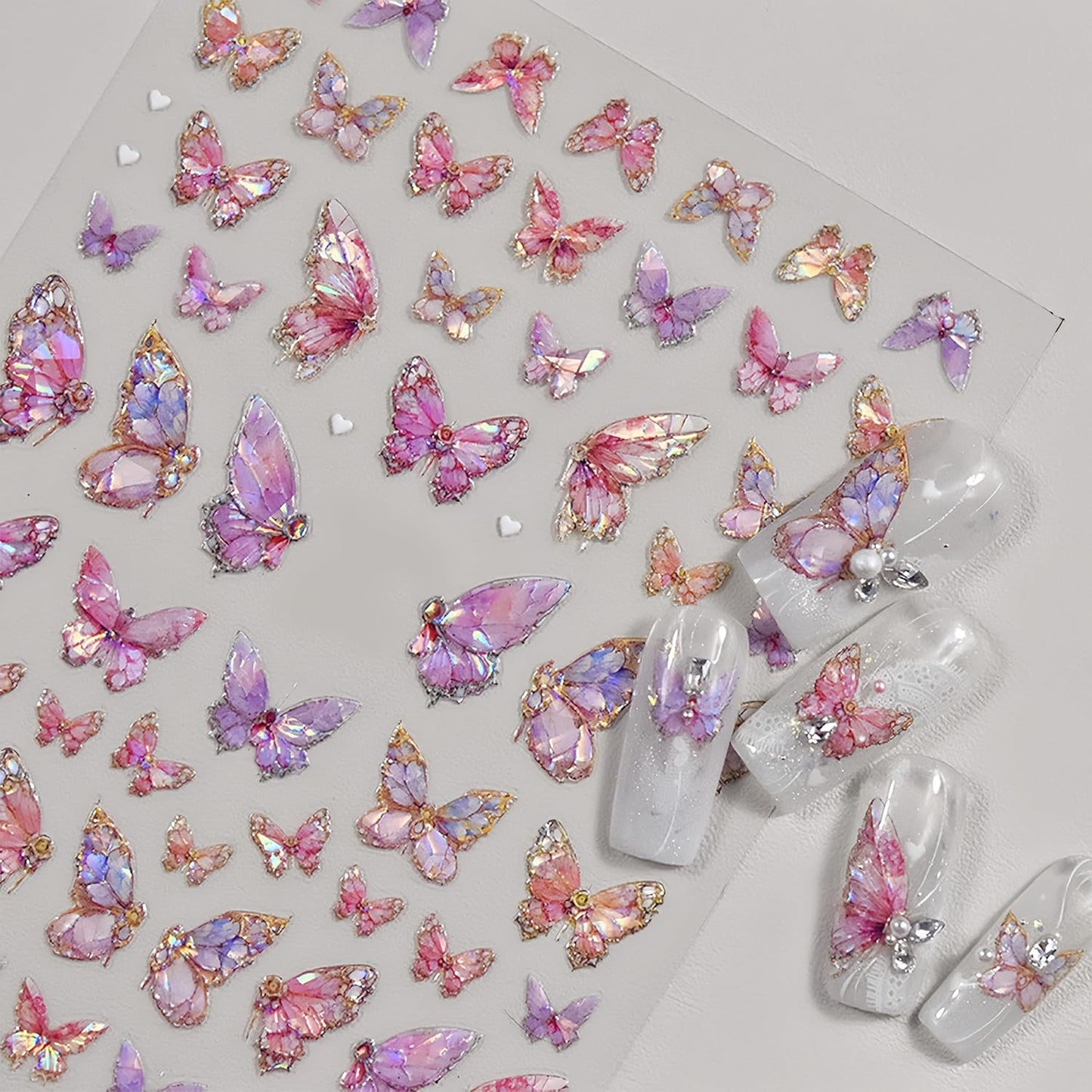 2 Sheets Butterfly Nail Art Stickers 5D Embossed Self-Adhesive Pink Aurora Sparkling Butterfly Nail Decals Designs for Women Girls DIY Nail Decoration-BrightBean Baby