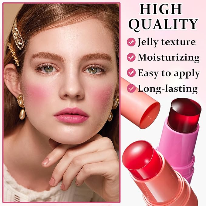 4PCS Cooling Water Jelly Tint Blush Stick for Cheeks,Multi-use Jelly Lip and Cheek Tint Stain,Moisturizing Natural Jelly Blush Stick,Buildable Watercolor Finish - Cruelty Free-BrightBean Baby