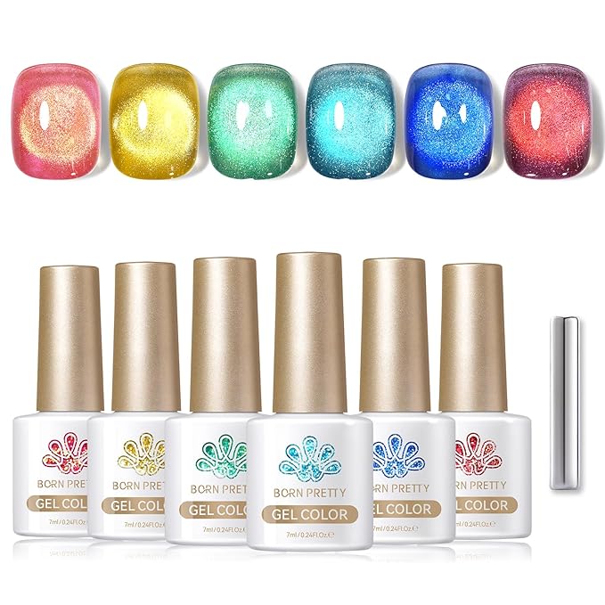 Born Pretty Cat Magnetic Eye Gel Nail Polish Spring Summer Neon Shimmer Glitter Holographic Aurora Rainbow Cat Magnetic Gel Polish Nail Art Manicure DIY at Home 6PCS-BrightBean Baby