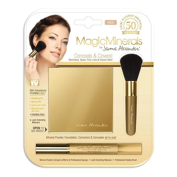 Jerome Alexander MagicMinerals Pressed Mineral Powder Set with Mirror Compact, Extending Lash Mascara, Professional Stubby Brush & Blending Sponge (Medium)-BrightBean Baby