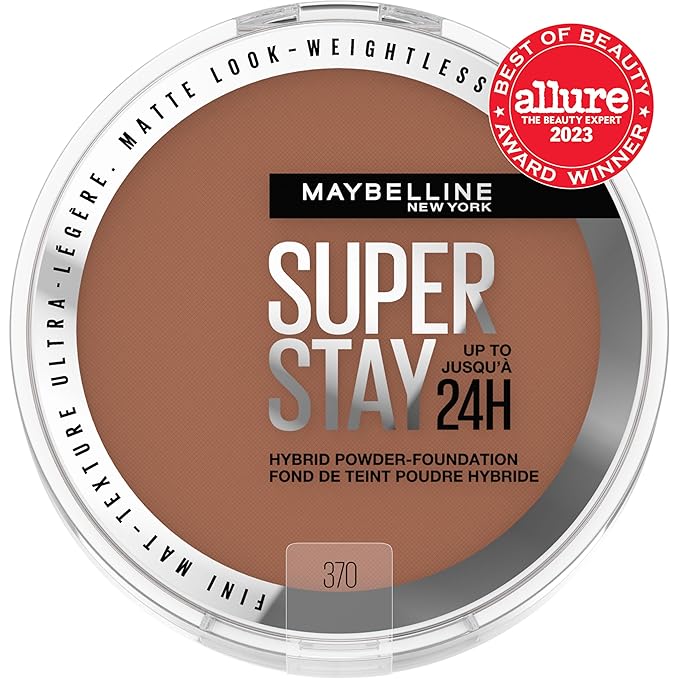 Maybelline Super Stay Up to 24HR Hybrid Powder-Foundation, Medium-to-Full Coverage Makeup, Matte Finish, 370, 1 Count-BrightBean Baby