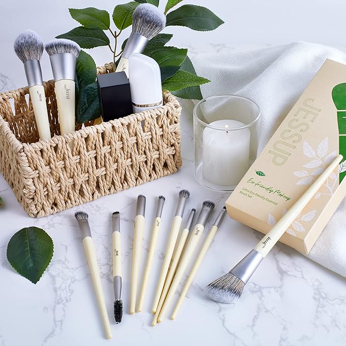 Jessup Vegan Makeup Brushes Set Premium Synthetic Powder Foundation Highlight Concealer Eyeshadow Blending Eyebrow Liner Spoolie Brush Set Burlywood 12pcs T327-BrightBean Baby