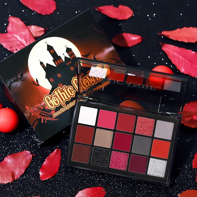 UCANBE Red Eyeshadow Makeup Palette, 15 Colors Burgunry Gray Silver Shimmer Matte Glitter Metallic Eye Shadow Pallet, Pigmented Make Up Kit for Halloween Parties Christmas Joker Vampire Clown-BrightBean Baby