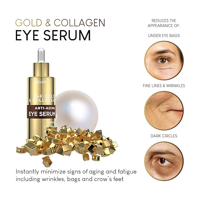 AZURE 24K Gold & Collagen Anti Aging Eye Serum - Firming, De-Puffing & Hydrating | Reduces Wrinkles, Fine Lines & Under Eye Bags | Minimize Signs of Aging | Made in Korea - 60mL-BrightBean Baby