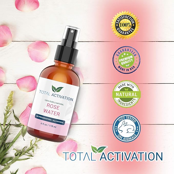 Large 4 oz 100% Pure, Organic Moroccan Rose Water Spray Face Toner, Skin Body Hair Spray, Eye Makeup Remover Alcohol Free Toner Minimizes Scar Hydrating Soothing Mist for Dry Oily Combination Skin-BrightBean Baby